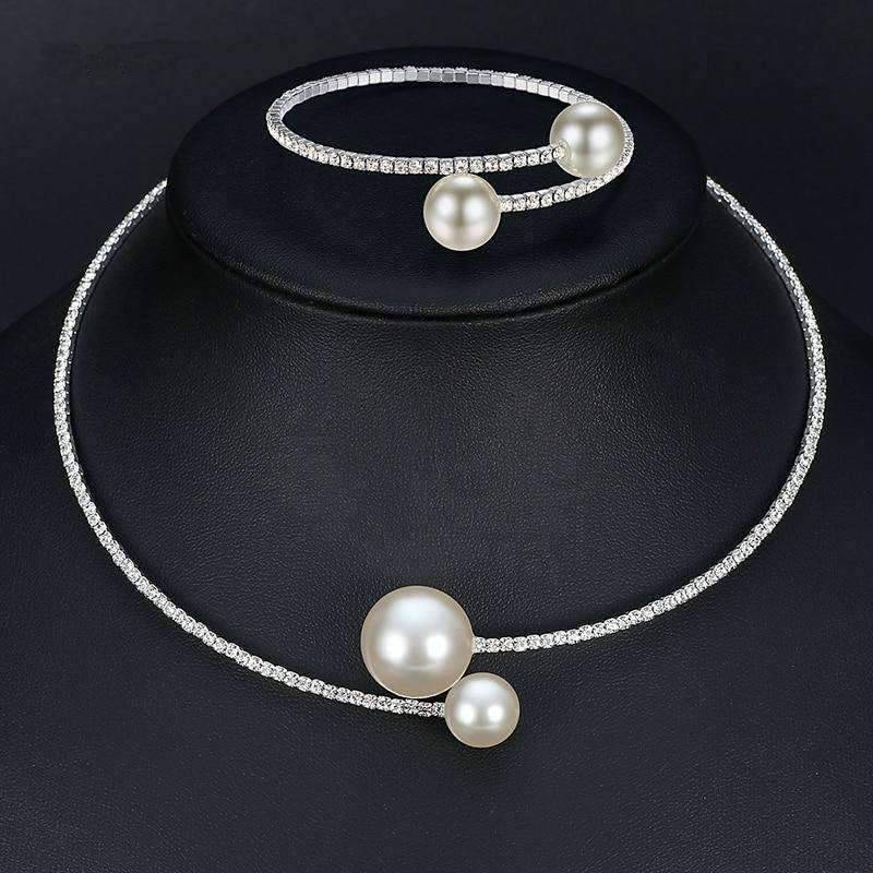 2 in 1 Pearl and Crystal Set Bridal Jewelry Sets For Women Bridal Jewelry Sets mecresh Official Store Silver Plated Clear