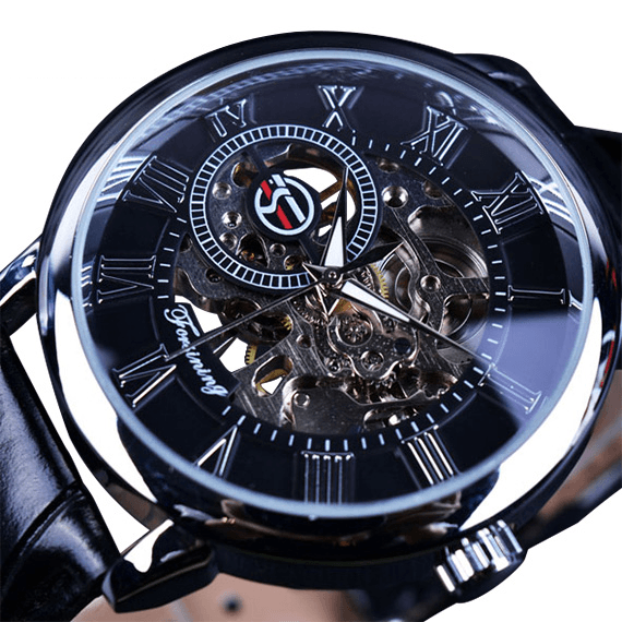 3D Logo Design Hollow Engraving Skeleton Men’s Mechanical Watch Mechanical Watches GMT Black Silver