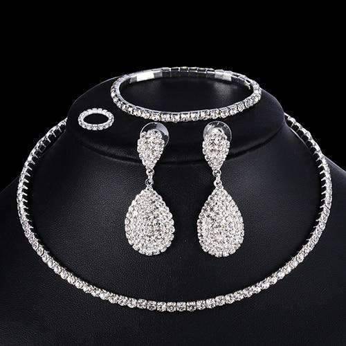 4pcs Silver Crystal Bridal Jewelry Sets With Elastic Rope Chain Bridal Jewelry Sets FINE JEWELRY WHOLESALE store NO:1497768 1 row