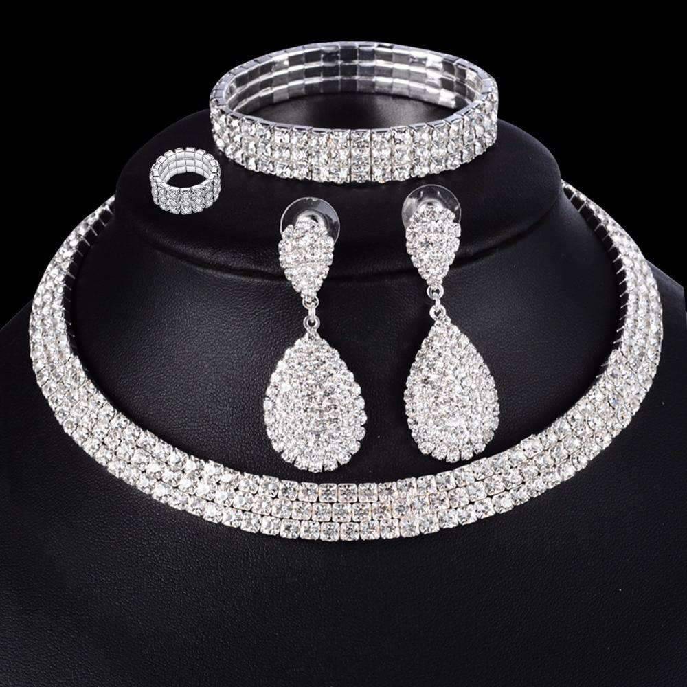 4pcs Silver Crystal Bridal Jewelry Sets With Elastic Rope Chain Bridal Jewelry Sets FINE JEWELRY WHOLESALE store NO:1497768