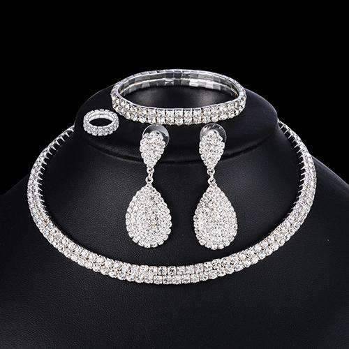 4pcs Silver Crystal Bridal Jewelry Sets With Elastic Rope Chain Bridal Jewelry Sets FINE JEWELRY WHOLESALE store NO:1497768 2 row