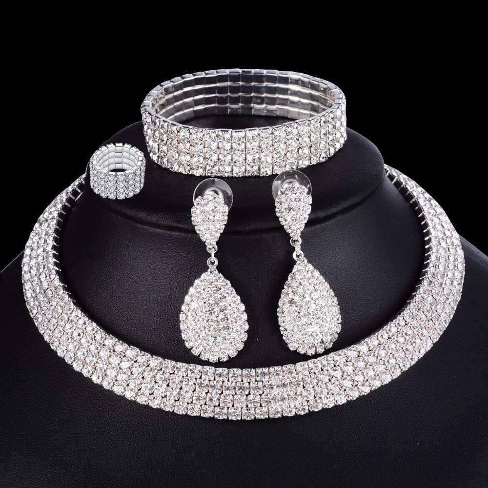 4pcs Silver Crystal Bridal Jewelry Sets With Elastic Rope Chain Bridal Jewelry Sets FINE JEWELRY WHOLESALE store NO:1497768