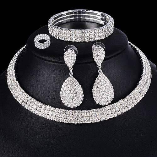 4pcs Silver Crystal Bridal Jewelry Sets With Elastic Rope Chain Bridal Jewelry Sets FINE JEWELRY WHOLESALE store NO:1497768 3 row