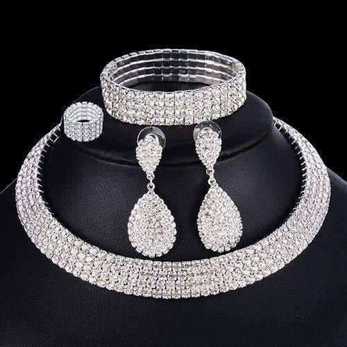 4pcs Silver Crystal Bridal Jewelry Sets With Elastic Rope Chain Bridal Jewelry Sets FINE JEWELRY WHOLESALE store NO:1497768 4 row