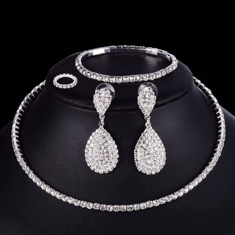 4pcs Silver Crystal Bridal Jewelry Sets With Elastic Rope Chain Bridal Jewelry Sets FINE JEWELRY WHOLESALE store NO:1497768