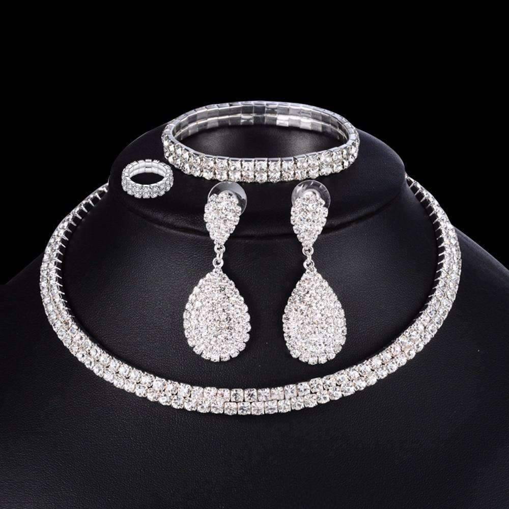 4pcs Silver Crystal Bridal Jewelry Sets With Elastic Rope Chain Bridal Jewelry Sets FINE JEWELRY WHOLESALE store NO:1497768