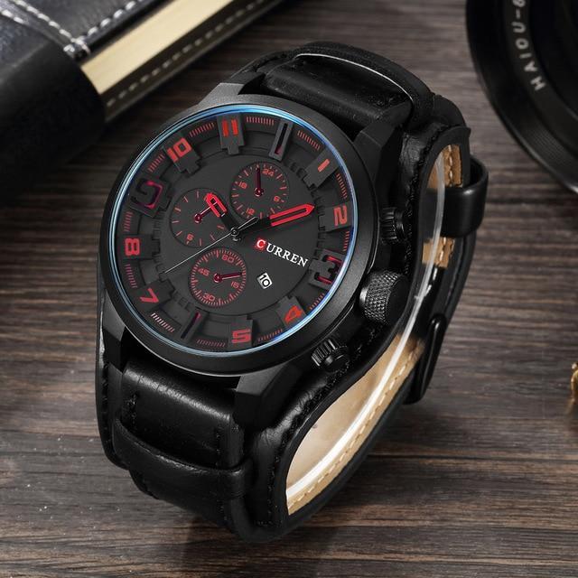 Army Leather Sports Wrist Watch Quartz Watches VANA Trade Black Red