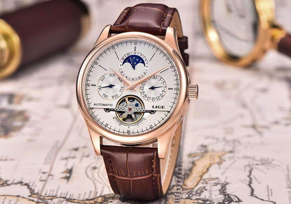 Automatic Tourbillon Leather Casual Mechanical Watch For Men Mechanical Watches LIGE Global No. 2 Store