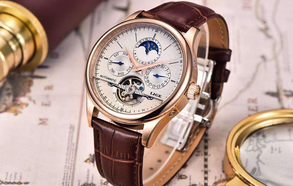 Automatic Tourbillon Leather Casual Mechanical Watch For Men Mechanical Watches LIGE Global No. 2 Store