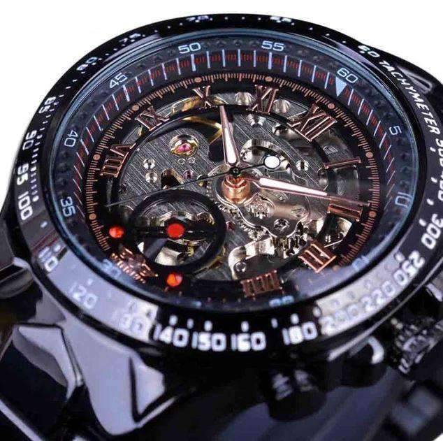 Bezel Golden Skeleton Design Waterproof Mechanical Watch For Men Mechanical Watches GMT Full Black