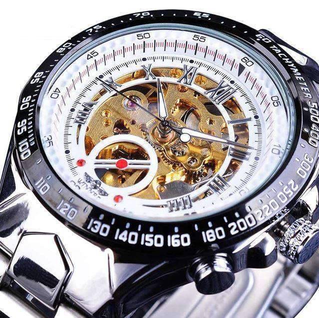 Bezel Golden Skeleton Design Waterproof Mechanical Watch For Men Mechanical Watches GMT New White Golden