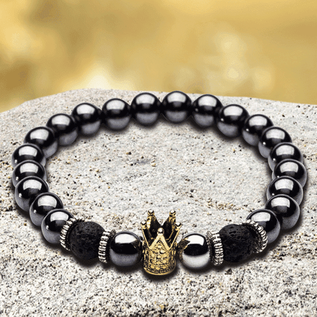 Black Hematite Bead Strand Bracelet For Men With Crown Strand Bracelets HelloLeo