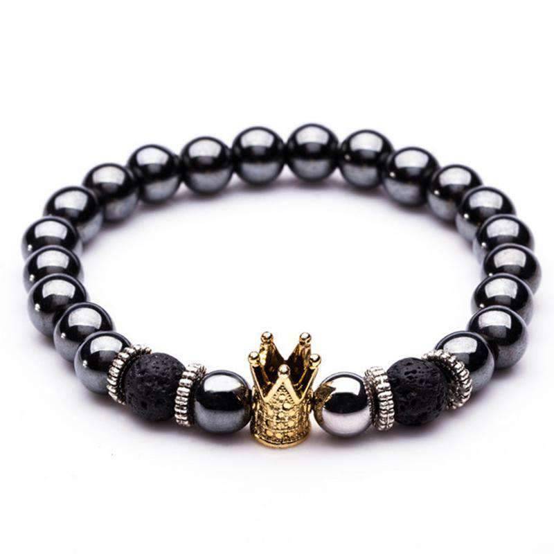 Black Hematite Bead Strand Bracelet For Men With Crown Strand Bracelets HelloLeo