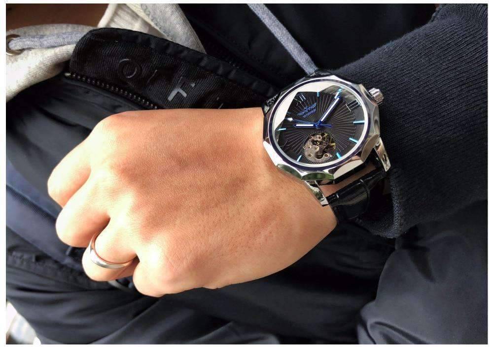 Blue Ocean Geometry Design Skeleton Dial Mechanical Watch For Men Mechanical Watches GMT Blue Without Box