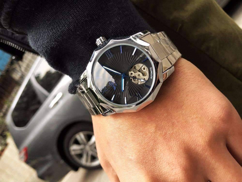 Blue Ocean Geometry Design Skeleton Dial Mechanical Watch For Men Mechanical Watches GMT Silver Blue Without