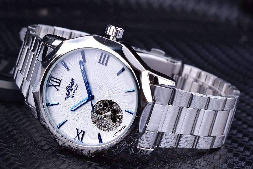 Blue Ocean Geometry Design Skeleton Dial Mechanical Watch For Men Mechanical Watches GMT White With Box
