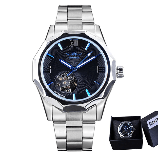 Blue Ocean Geometry Design Transparent Men's Mechanical Watch Mechanical Watches GMT Silver Blue with Box