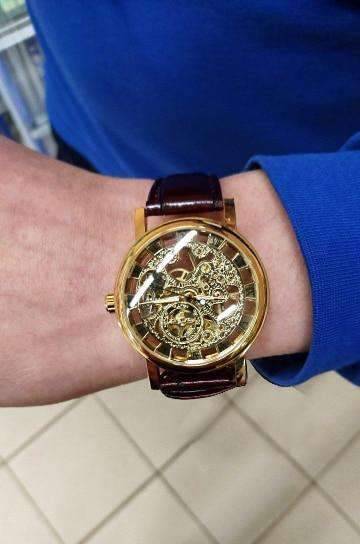Casual Design Brown Leather Strap Skeleton Men's Mechanical Watch Mechanical Watches GMT