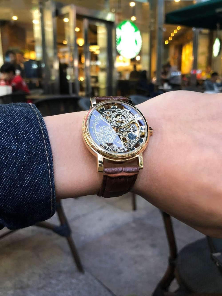 Casual Design Brown Leather Strap Skeleton Men's Mechanical Watch Mechanical Watches GMT