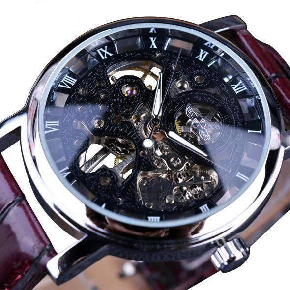 Casual Design Brown Leather Strap Skeleton Men's Mechanical Watch Mechanical Watches GMT Black Brown