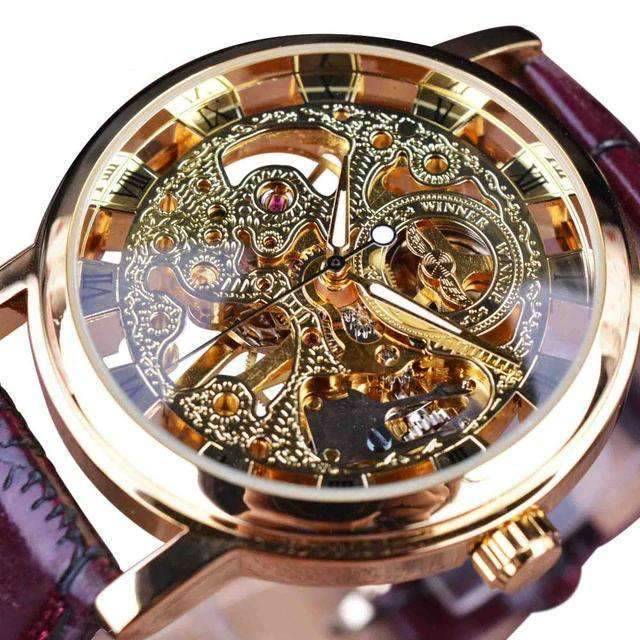 Casual Design Brown Leather Strap Skeleton Men's Mechanical Watch Mechanical Watches GMT Golden