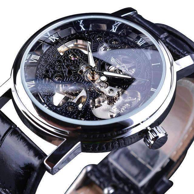 Casual Design Brown Leather Strap Skeleton Men's Mechanical Watch Mechanical Watches GMT Silver