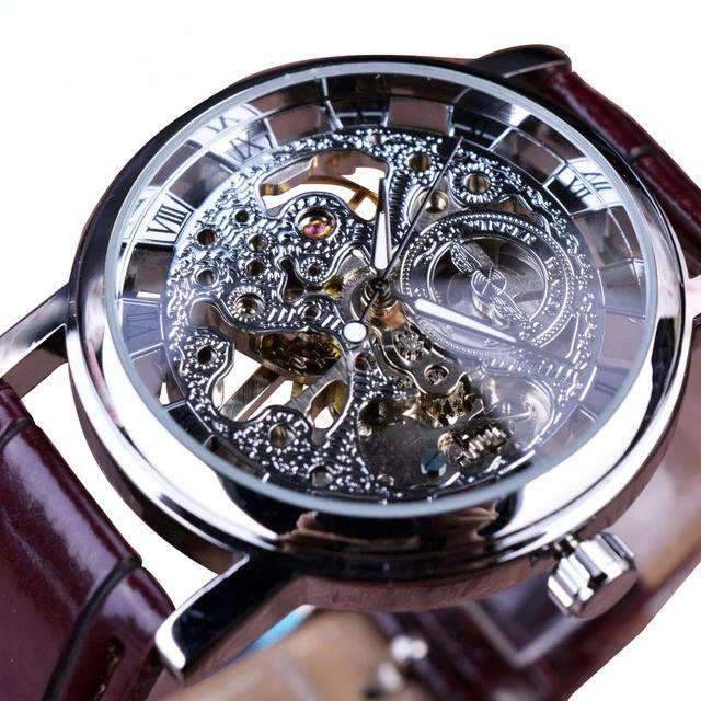 Casual Design Brown Leather Strap Skeleton Men's Mechanical Watch Mechanical Watches GMT Silver Brown