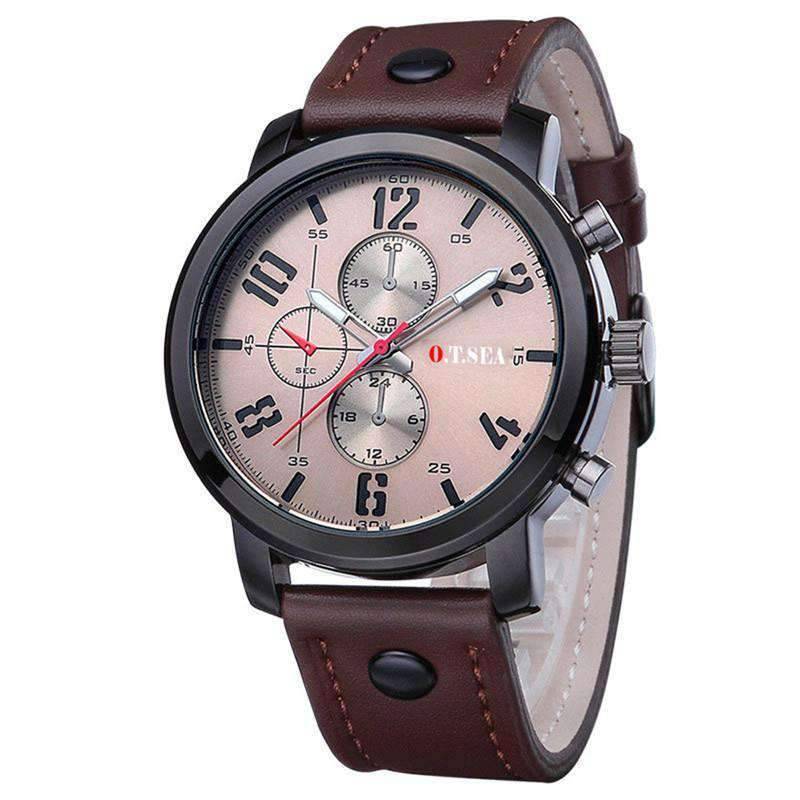 Casual Military Leather Band Analog Quartz Watch For Men Quartz Watches 9s & cheap watch Store Coffee