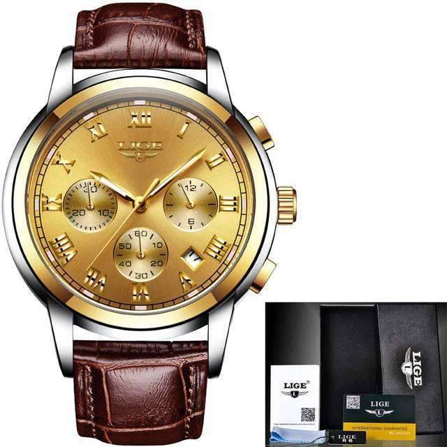 Chronograph Full Steel Water Resistant Men's Quartz Watch Quartz Watches LIGE Official Store all gold leather