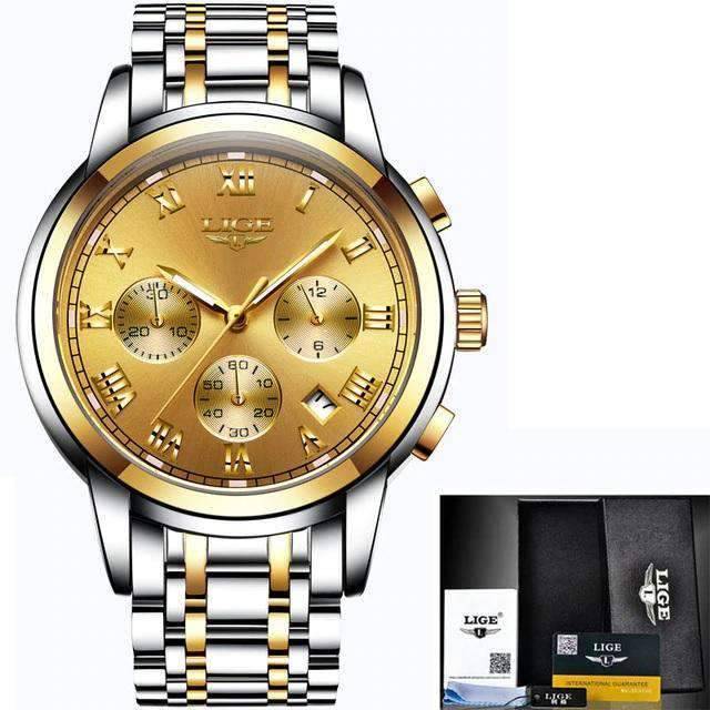 Chronograph Full Steel Water Resistant Men's Quartz Watch Quartz Watches LIGE Official Store all gold steel