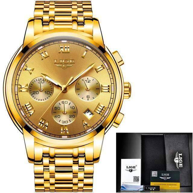 Chronograph Full Steel Water Resistant Men's Quartz Watch Quartz Watches LIGE Official Store all yellow steel