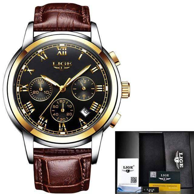 Chronograph Full Steel Water Resistant Men's Quartz Watch Quartz Watches LIGE Official Store gold black leather