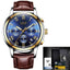 Chronograph Full Steel Water Resistant Men's Quartz Watch Quartz Watches LIGE Official Store gold blue leather