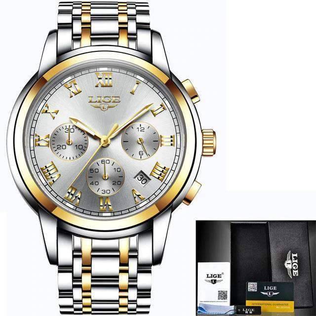Chronograph Full Steel Water Resistant Men's Quartz Watch Quartz Watches LIGE Official Store gold white steel
