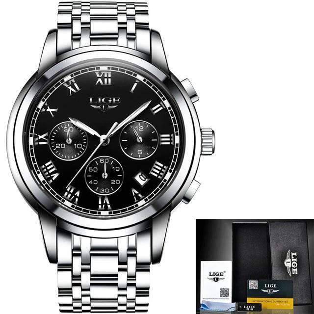 Chronograph Full Steel Water Resistant Men's Quartz Watch Quartz Watches LIGE Official Store silver black steel