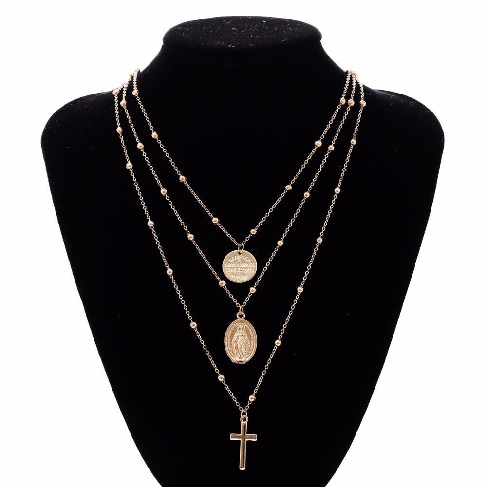 Cross Virgin Mary Multilayer Necklace Pendant Necklaces IngeSight.Z Official Store