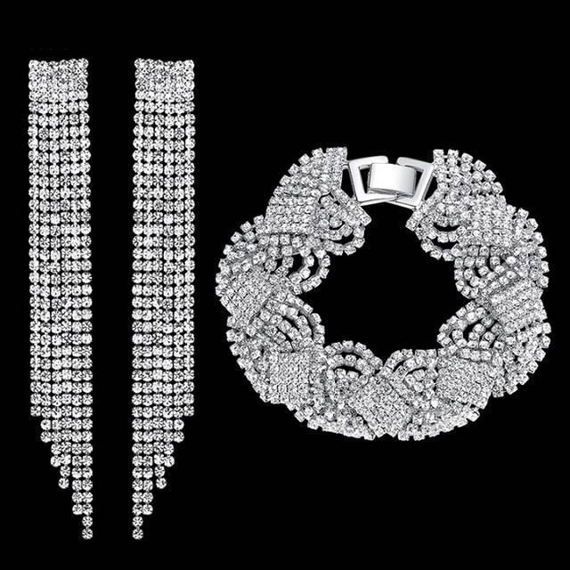 Crystal Tassel Bridal Jewelry Sets Bridal Jewelry Sets mecresh Official Store Silver 2 Pcs Clear