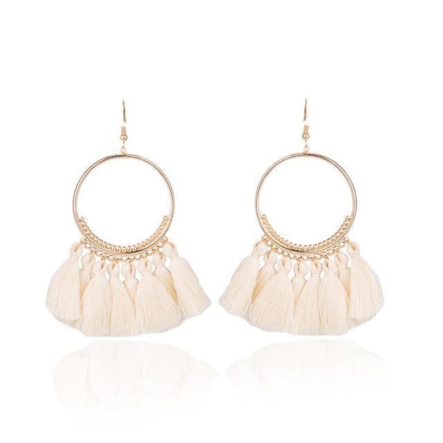 Ethnic Circle Fringed Tassel Earrings Drop Earrings Shine Lives Store White