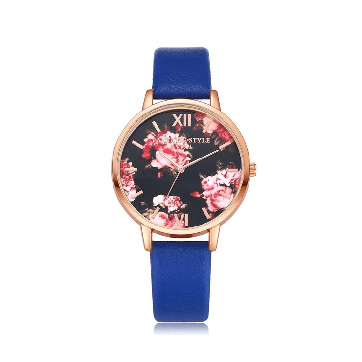 Fashion Leather Strap Rose Gold Women’s Dress Watch Women's Watches 77 Queens Store Blue