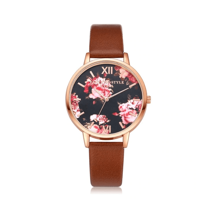Fashion Leather Strap Rose Gold Women’s Dress Watch Women's Watches 77 Queens Store Brown