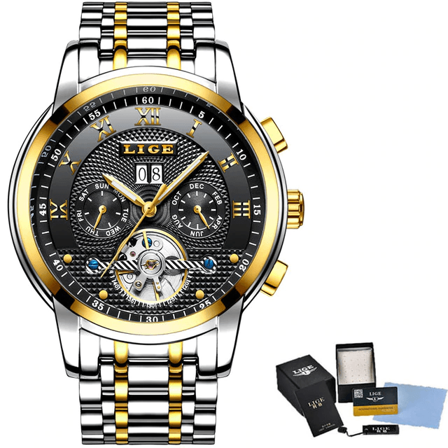 Full Steel Business Water Resistant Men’s Mechanical Watch Mechanical Watches LIGE Official Store gold black steel
