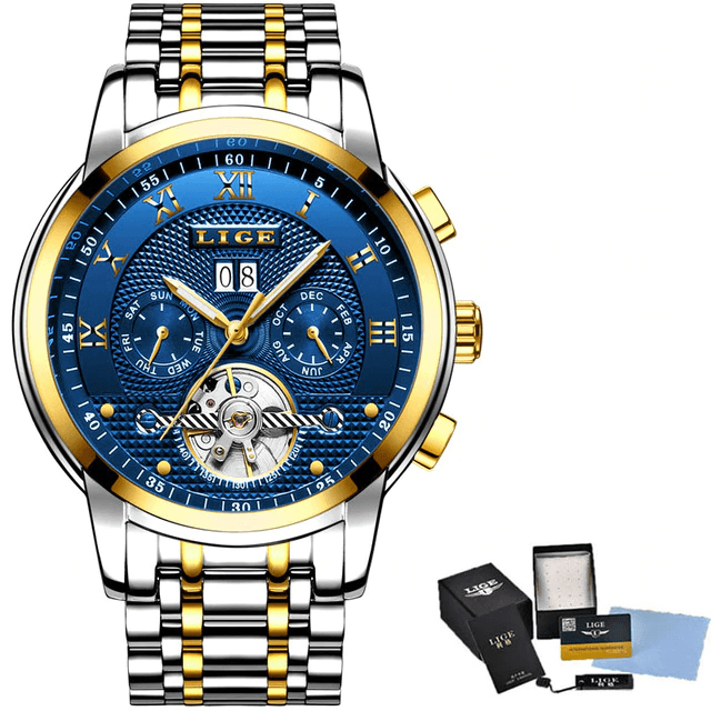 Full Steel Business Water Resistant Men’s Mechanical Watch Mechanical Watches LIGE Official Store gold blue steel