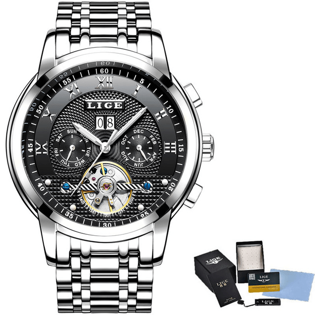 Full Steel Business Water Resistant Men’s Mechanical Watch Mechanical Watches LIGE Official Store silver black steel