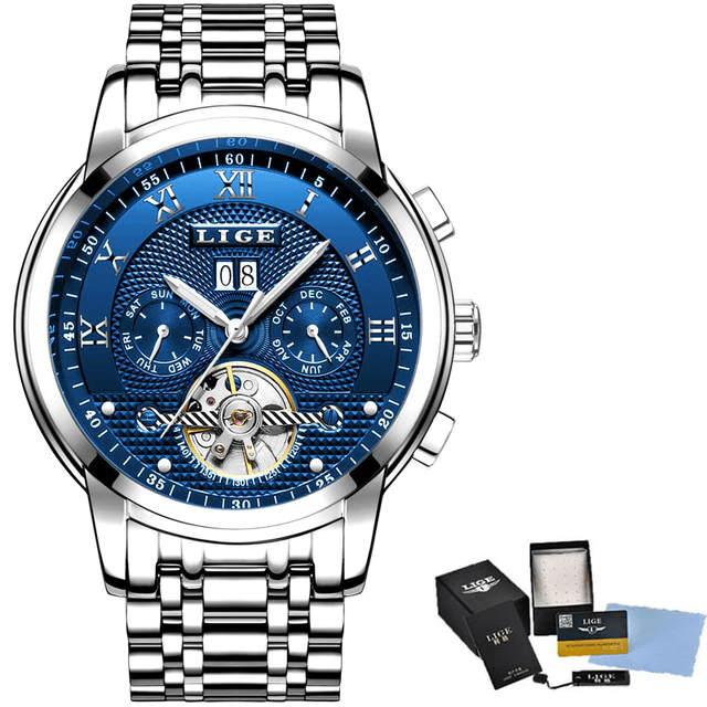 Full Steel Business Water Resistant Men’s Mechanical Watch Mechanical Watches LIGE Official Store silver blue steel