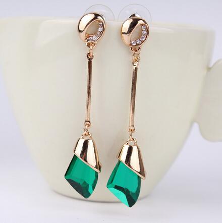 Geometric Crystal Gold Long Earrings Drop Earrings manikay Store E071 green