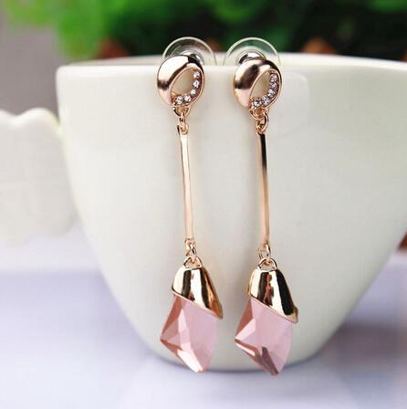 Geometric Crystal Gold Long Earrings Drop Earrings manikay Store E071 pink