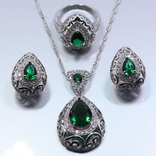 Green Zircon Water Drop Jewelry Set Bridal Jewelry Sets Manny Offcial Store 3PCS Ring Size 9 Green