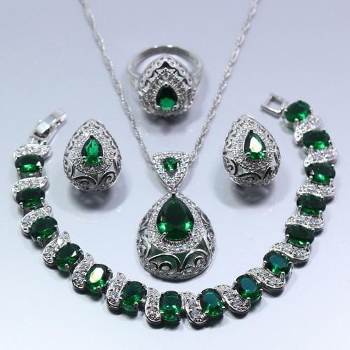 Green Zircon Water Drop Jewelry Set Bridal Jewelry Sets Manny Offcial Store 4PCS Ring Size 8 Green