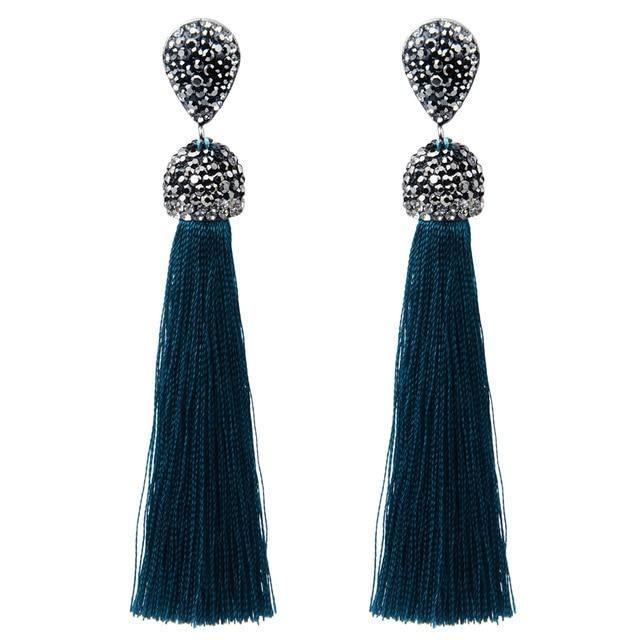 Handmade Long Tassel Earrings Drop Earrings LFPU jewellery Store peacock blue