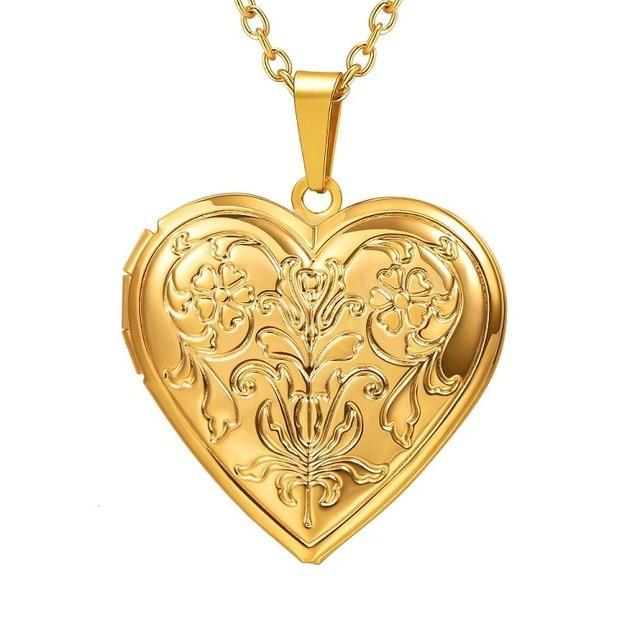 Heart Locket Photo Frame Necklace Pendant Necklaces U 7 Official Store Flower gold